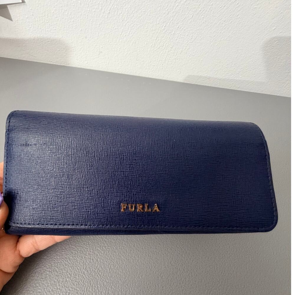 Furla Navy Blue Soft Leather Continental Wallet – Gold Logo – Snap Flap – Italy